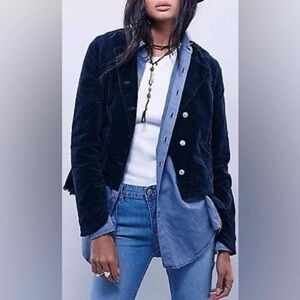 FREE PEOPLE Velvet Blazer Women Medium Military Ruffle Raw Hem Cotton blend